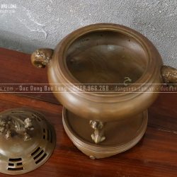 Lư Xông Trầm Chân Dơi Phúc Bằng Đồng Vàng Cao 27Cm Màu Giả Cổ