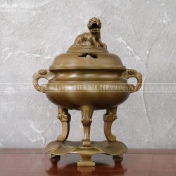 Lư Xông Trầm Đế Lá Sen Bằng Đồng Vàng Cao 33Cm