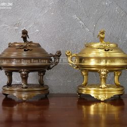 Lư Xông Trầm Nắp Rồng Cuộn Bằng Đồng Cao 24Cm
