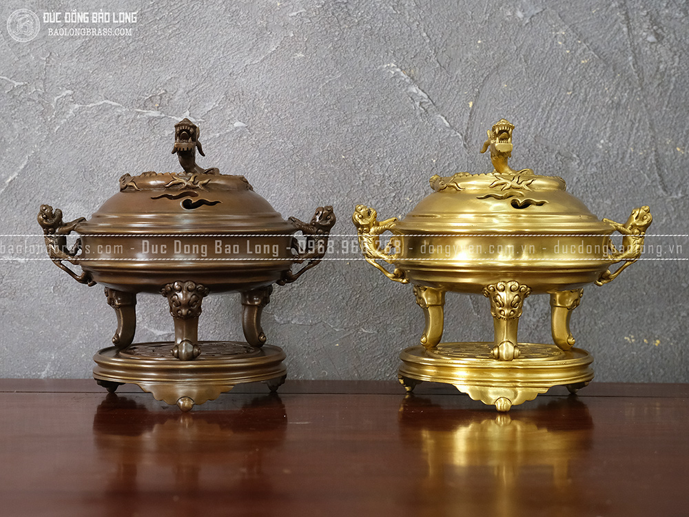 Lư Xông Trầm Nắp Rồng Cuộn Bằng Đồng Cao 24Cm