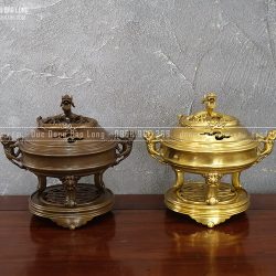 Lư Xông Trầm Nắp Rồng Cuộn Bằng Đồng Cao 24Cm