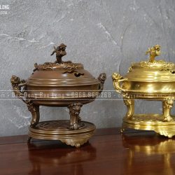 Lư Xông Trầm Nắp Rồng Cuộn Bằng Đồng Cao 24Cm