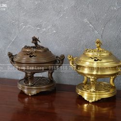 Lư Xông Trầm Nắp Rồng Cuộn Bằng Đồng Cao 24Cm