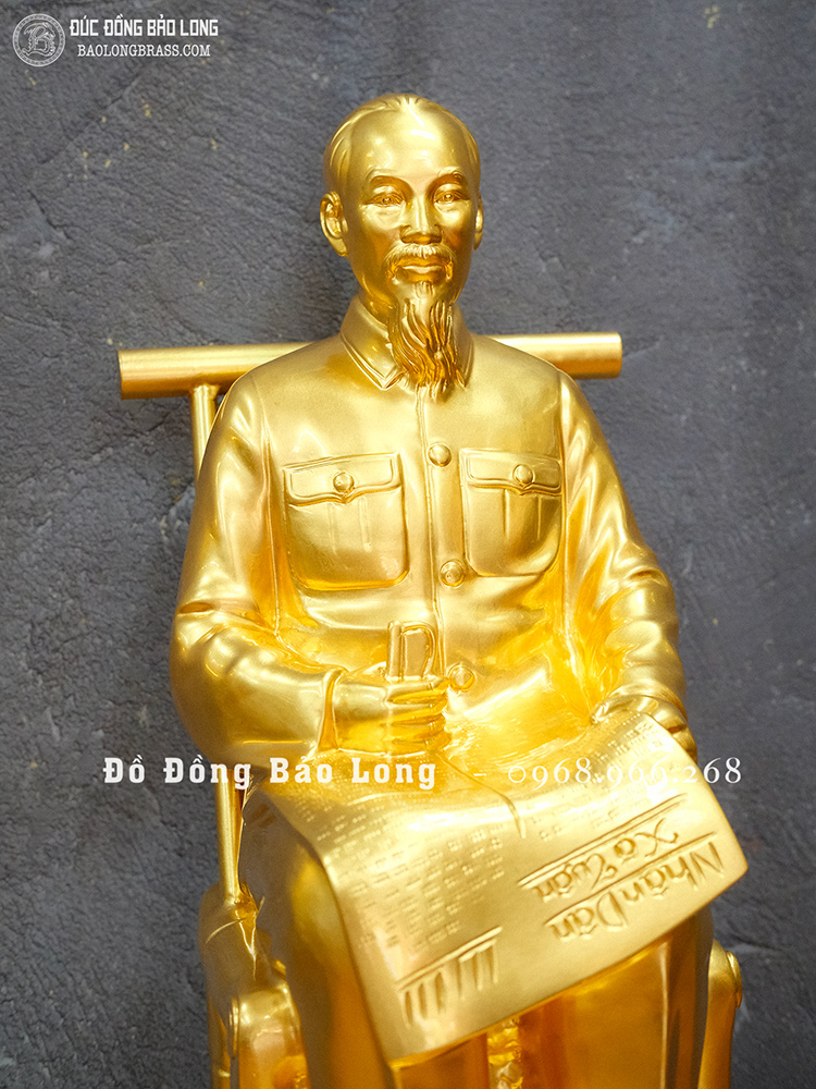 Tượng Đồng Bác Hồ Ngồi Đọc Báo Bằng Đồng Dát Vàng 24k Cao 50Cm