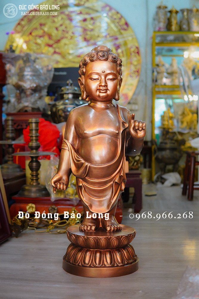 Tượng Đức Phật Thích Ca Đản Sinh Bằng Đồng Đỏ Cao 81Cm