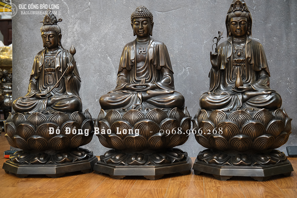 Bộ Tượng Tây Phương Tam Thánh Bằng Đồng Đỏ Cao 69Cm