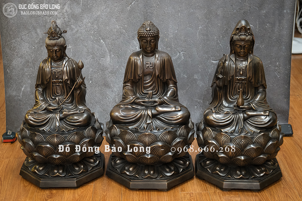 Bộ Tượng Tây Phương Tam Thánh Bằng Đồng Đỏ Cao 69Cm