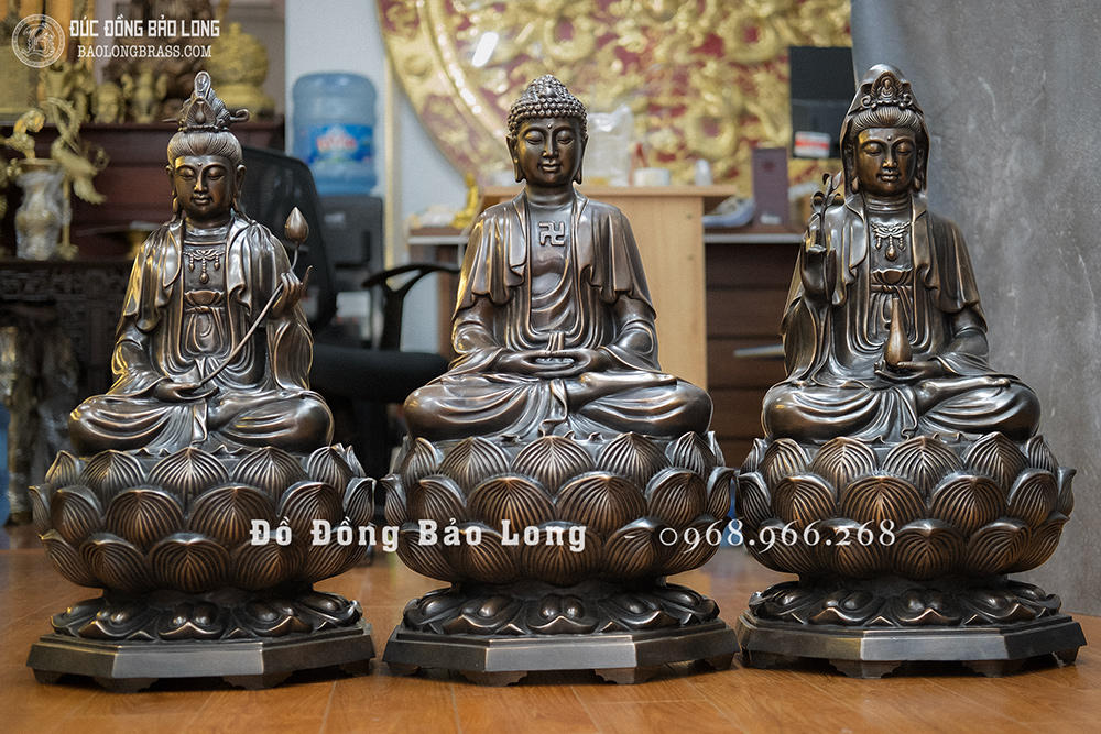 Bộ Tượng Tây Phương Tam Thánh Bằng Đồng Đỏ Cao 69Cm