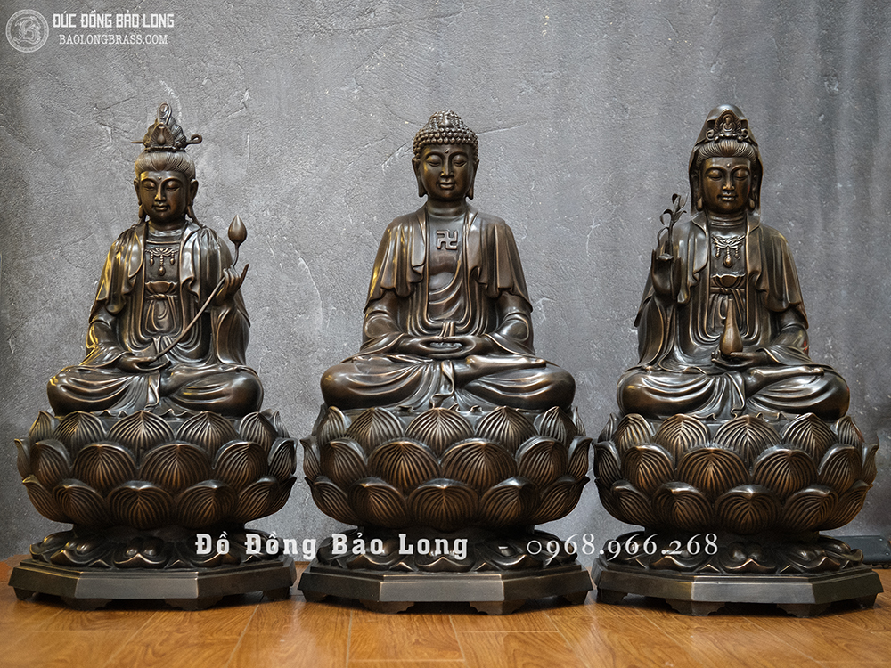 Bộ Tượng Tây Phương Tam Thánh Bằng Đồng Đỏ Cao 69Cm